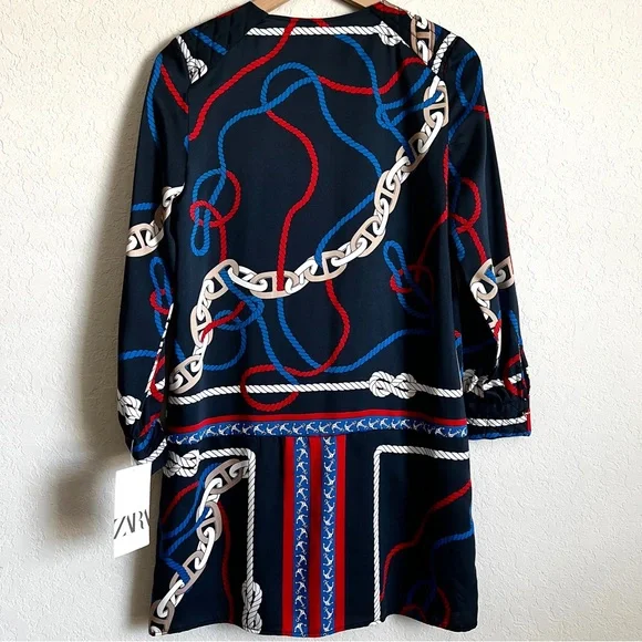 ZARA Nautical Chain Knot Print Dress Navy Double Breasted Mini XS NWT - Picture 8 of 11